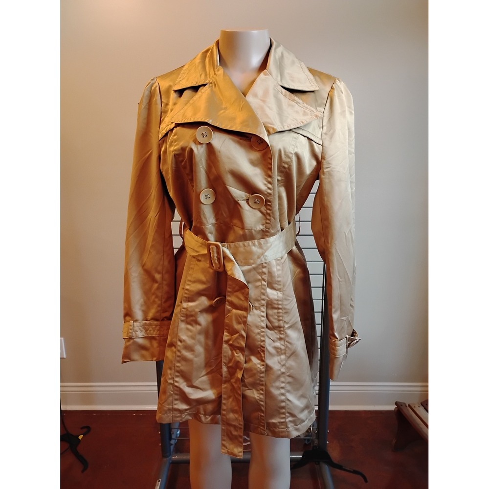George Womens Gold Satin Double Breasted Trench Coat Belted Jacket Size M 8-10